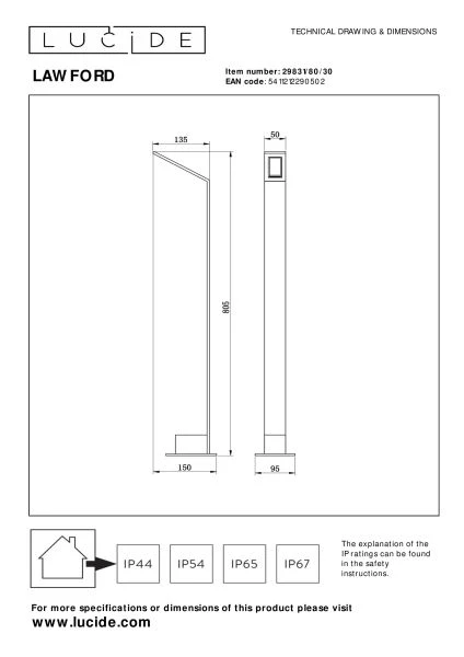 Lucide LAWFORD - Borne extérieur - LED - 1x6W 3000K - IP54 - Noir - technique